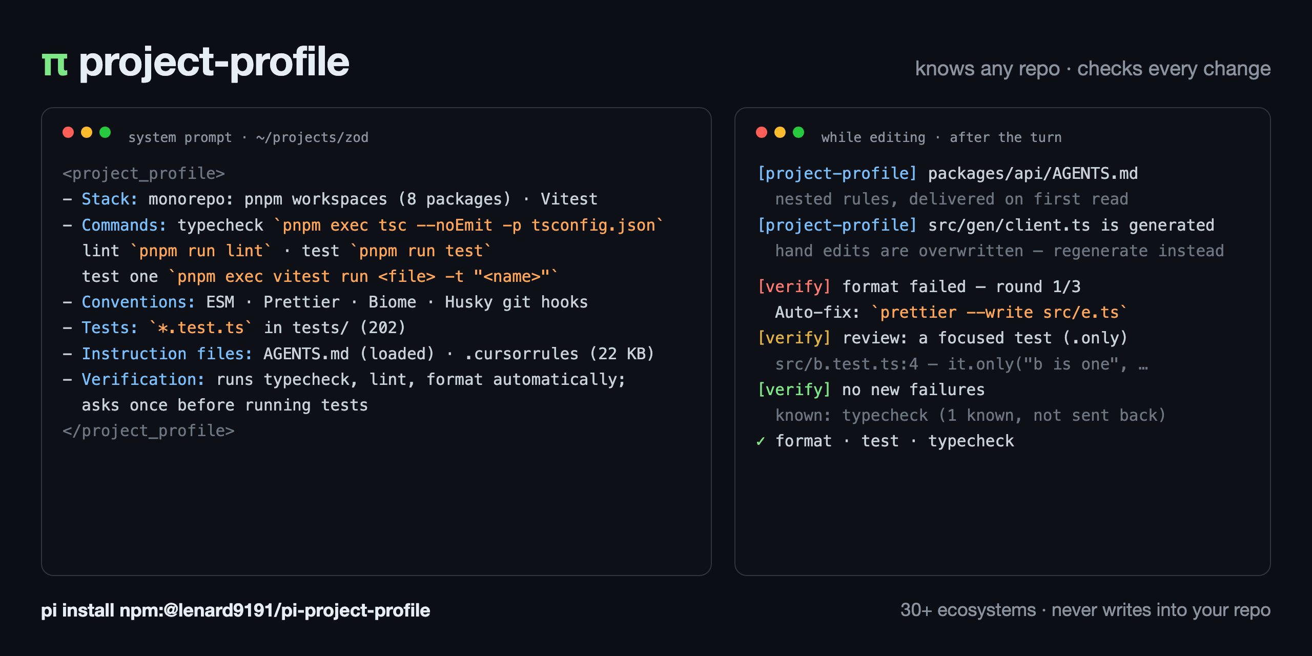Terminal screenshot: the injected project profile on the left, and the verification of an agent turn — typecheck and lint results and a repair round — on the right